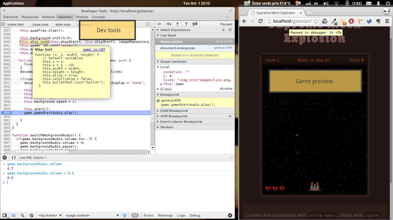 A screenshot showing Chrome dev tools open on one half of the screen and my game open on the other half