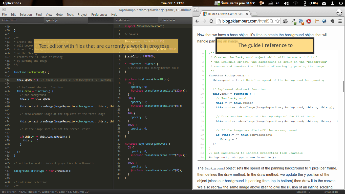 A screenshot showing the text editor on one half of the screen and the tutorial on the other half