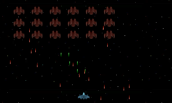 Enemy space ships flying in formation, shooting lasers at the player space ship set against a starry background in space