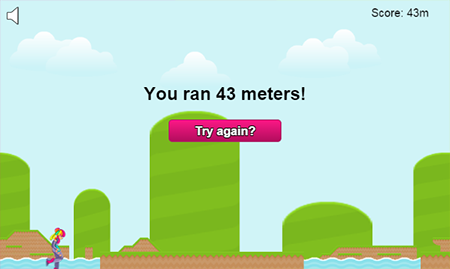 The game's game over screen which tells the player how far they ran (in meters) and a button to let them try again.